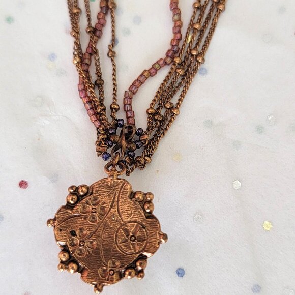 SATELLITE PARIS VINTAGE AMETHYST FACETED GLASS STONE PENDANT W/COPPER NECKLACE - Picture 6 of 7